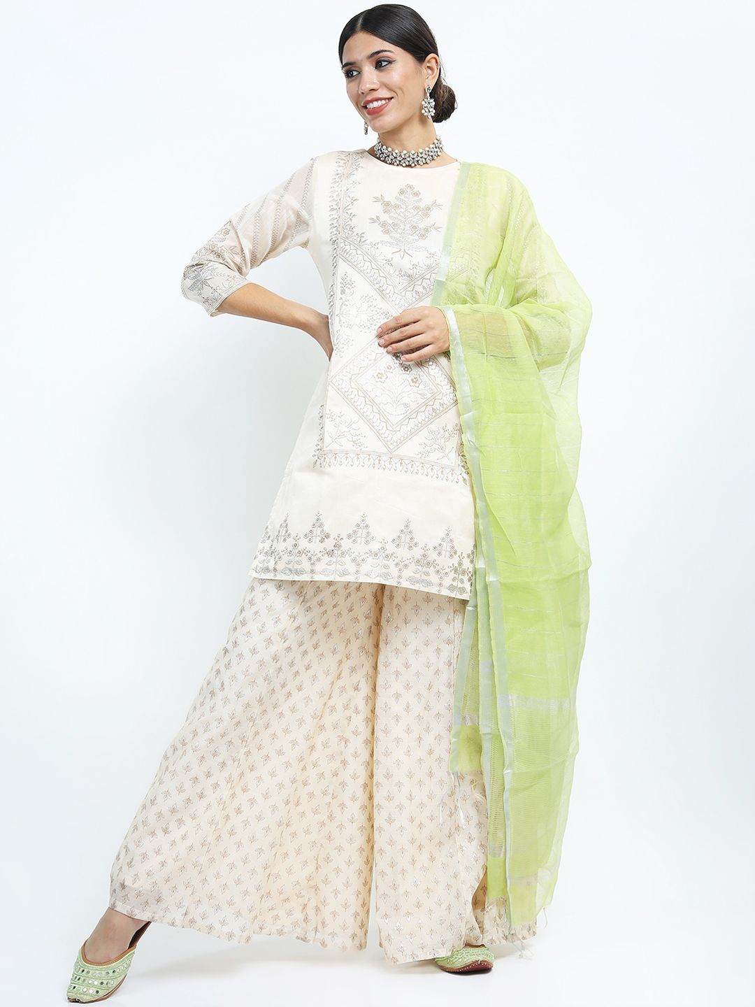 Vishudh Women White Ethnic Motifs Embroidered Kurta with Palazzos & Dupatta Price in India