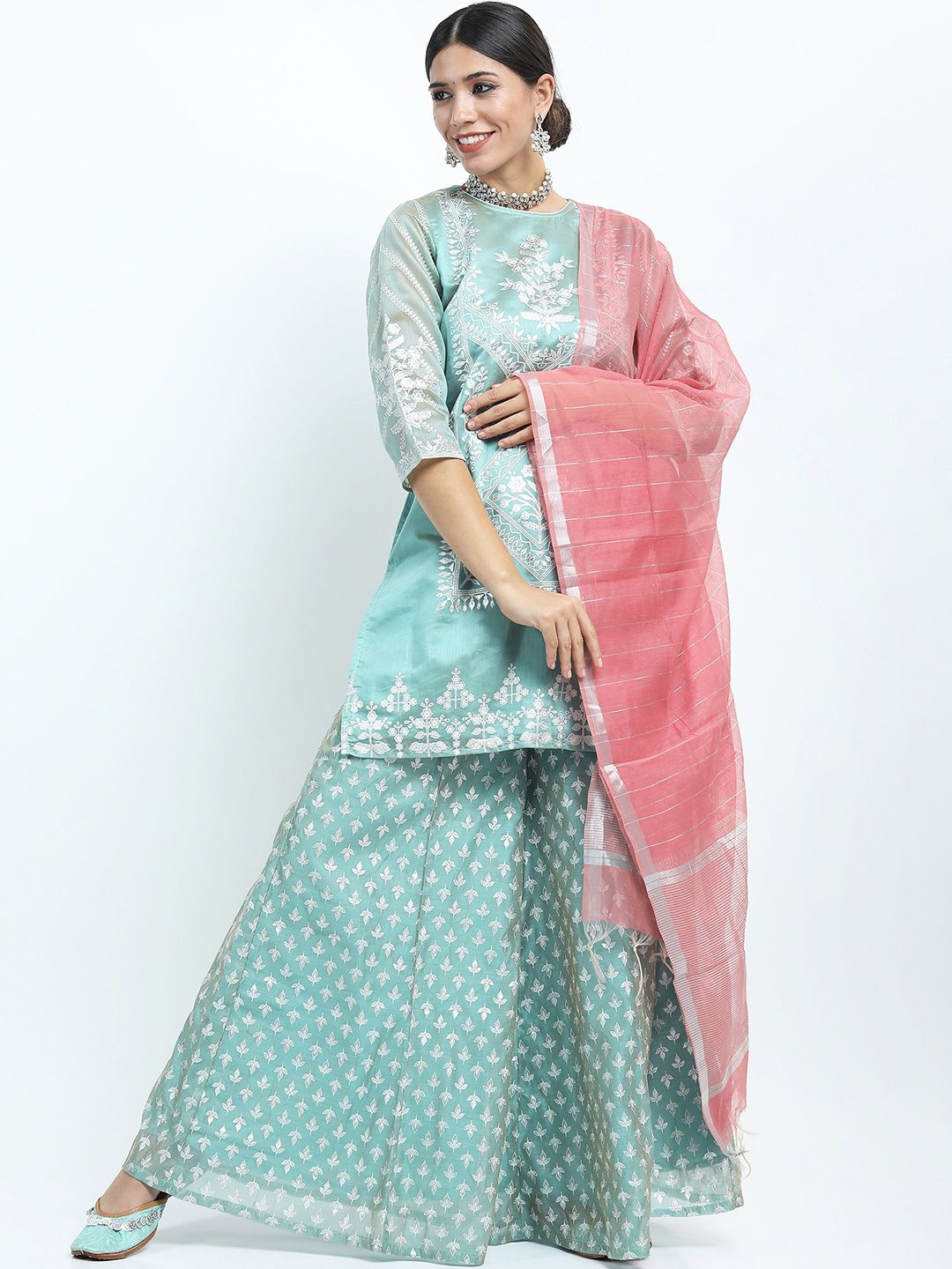 Vishudh Women Green Ethnic Motifs Kurta with Skirt & With Dupatta Price in India