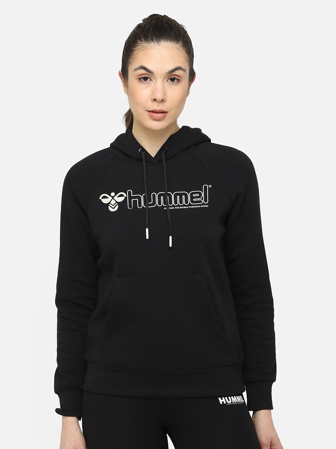 hummel Women Black & White Brand Logo Printed Hooded Sweatshirt Price in India