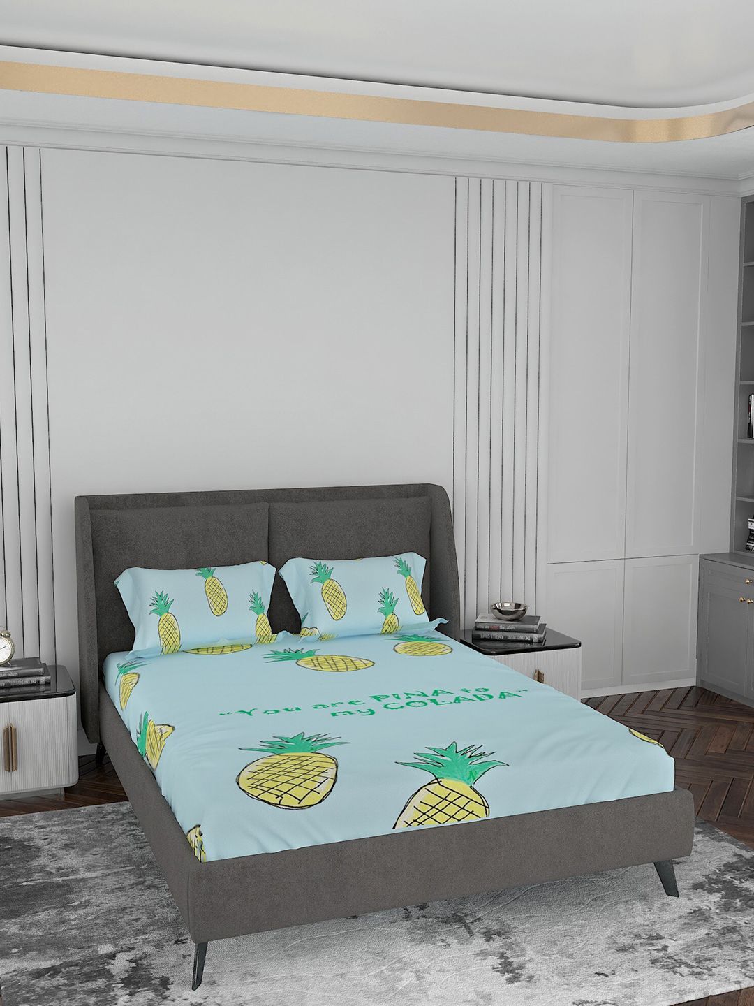 LABHAM Turquoise Blue & Yellow Graphic 220 TC King Bedsheet with 2 Pillow Covers Price in India
