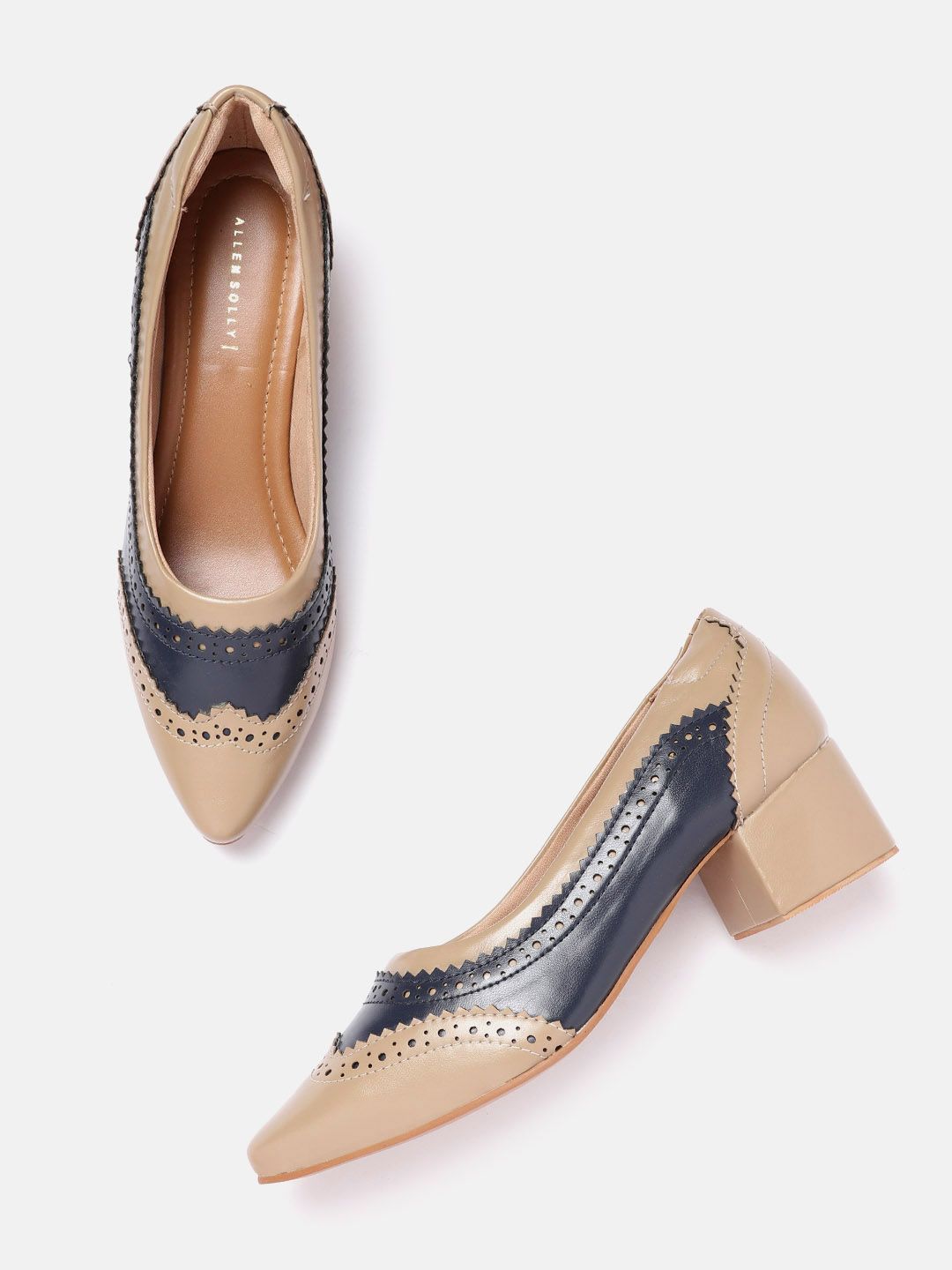 Allen Solly Brown & Navy Blue Colourblocked Pumps with Brogue Detail Price in India