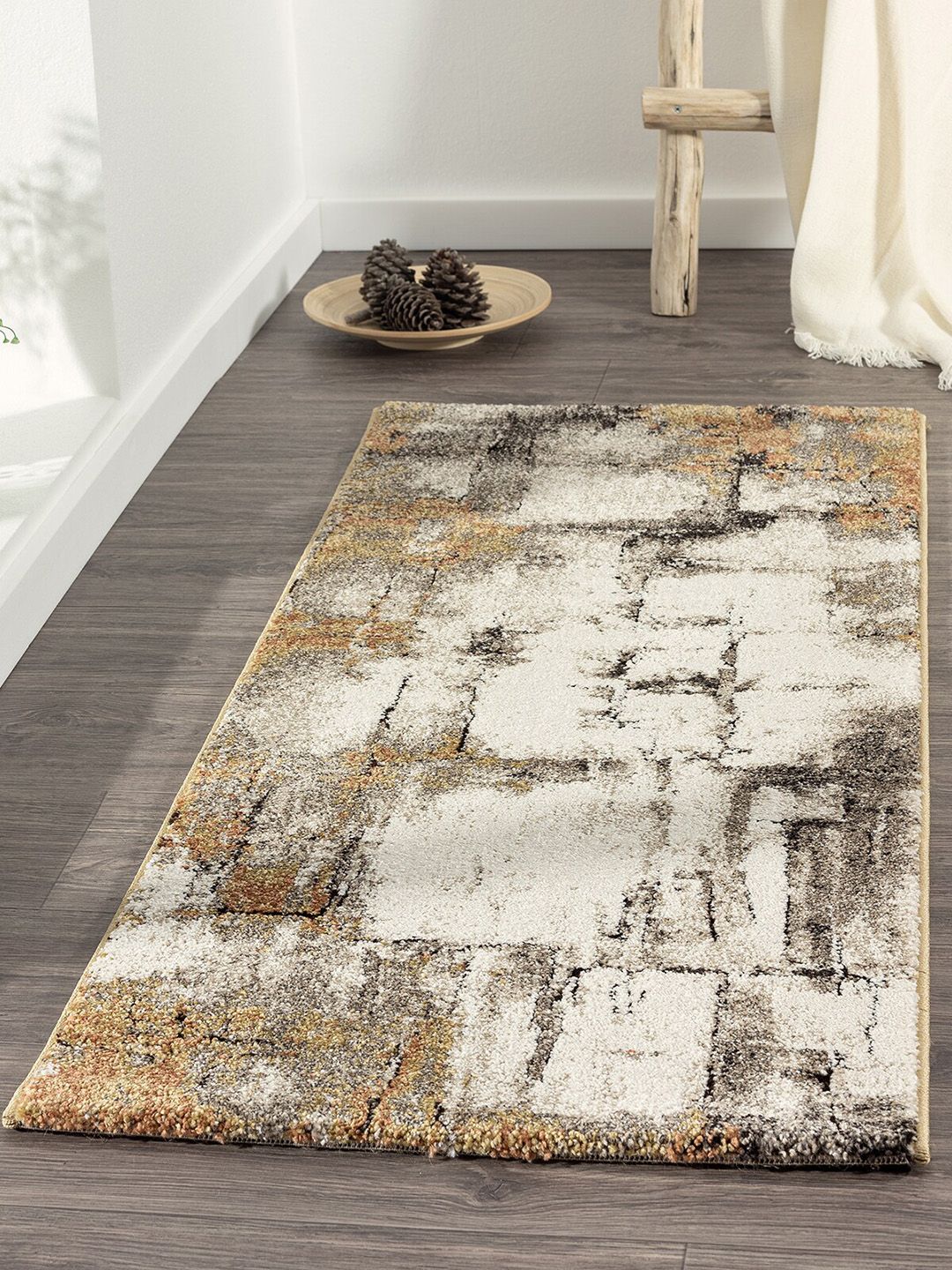 OBSESSIONS Beige & White Textured Anti Slip Floor Runner Price in India