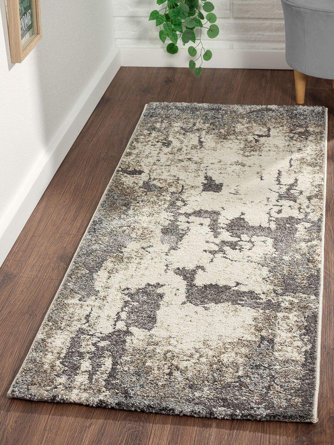 OBSESSIONS Grey & Beige Abstract Floor Runner Price in India