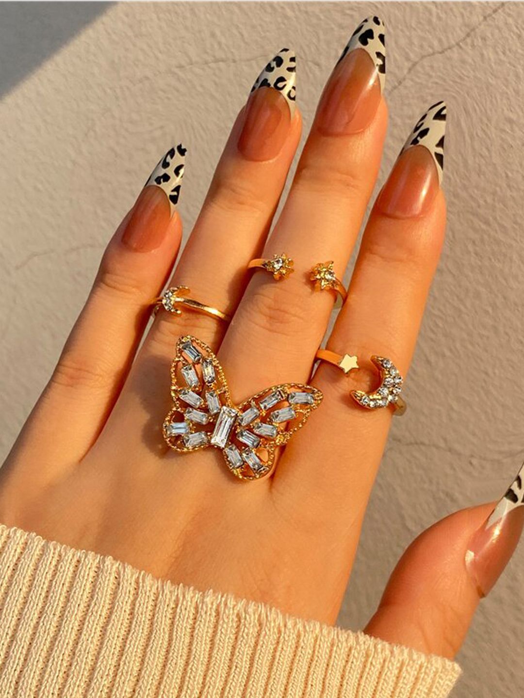 Jewels Galaxy Set Of 5 Gold-Plated White Stone-Studded Butterfly Finger Ring Price in India