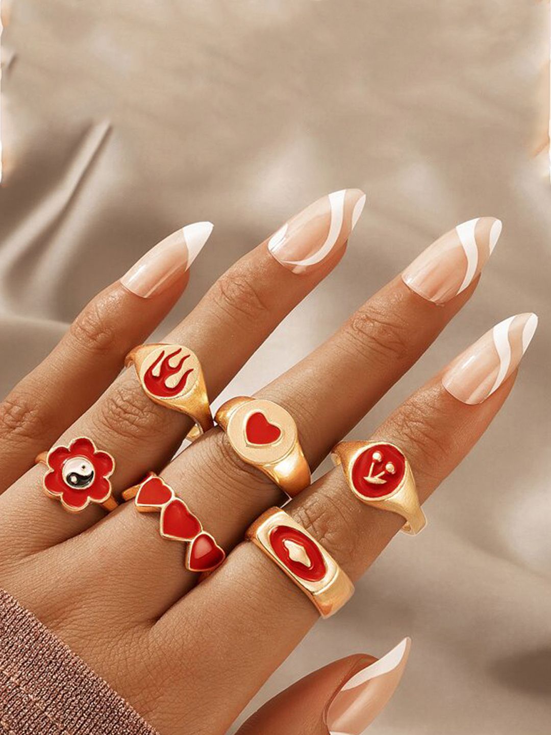 Jewels Galaxy Set of 6 Gold-Plated Red Toned Finger Rings Price in India