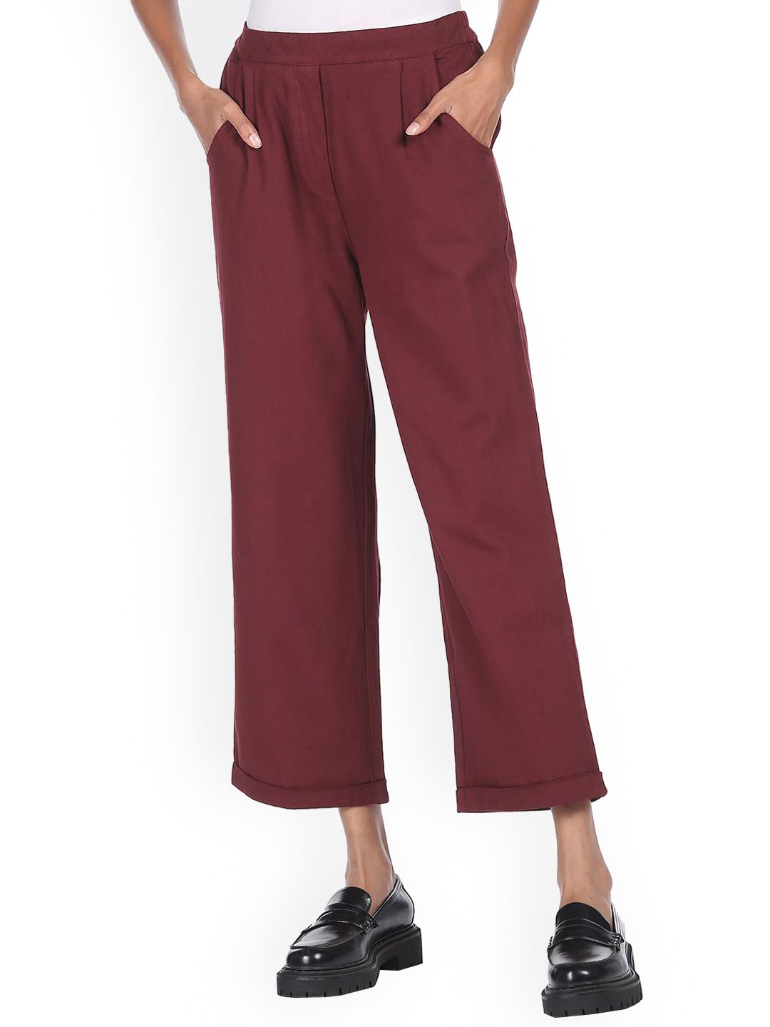 Sugr Women Maroon Pleated Pure Cotton Trousers Price in India