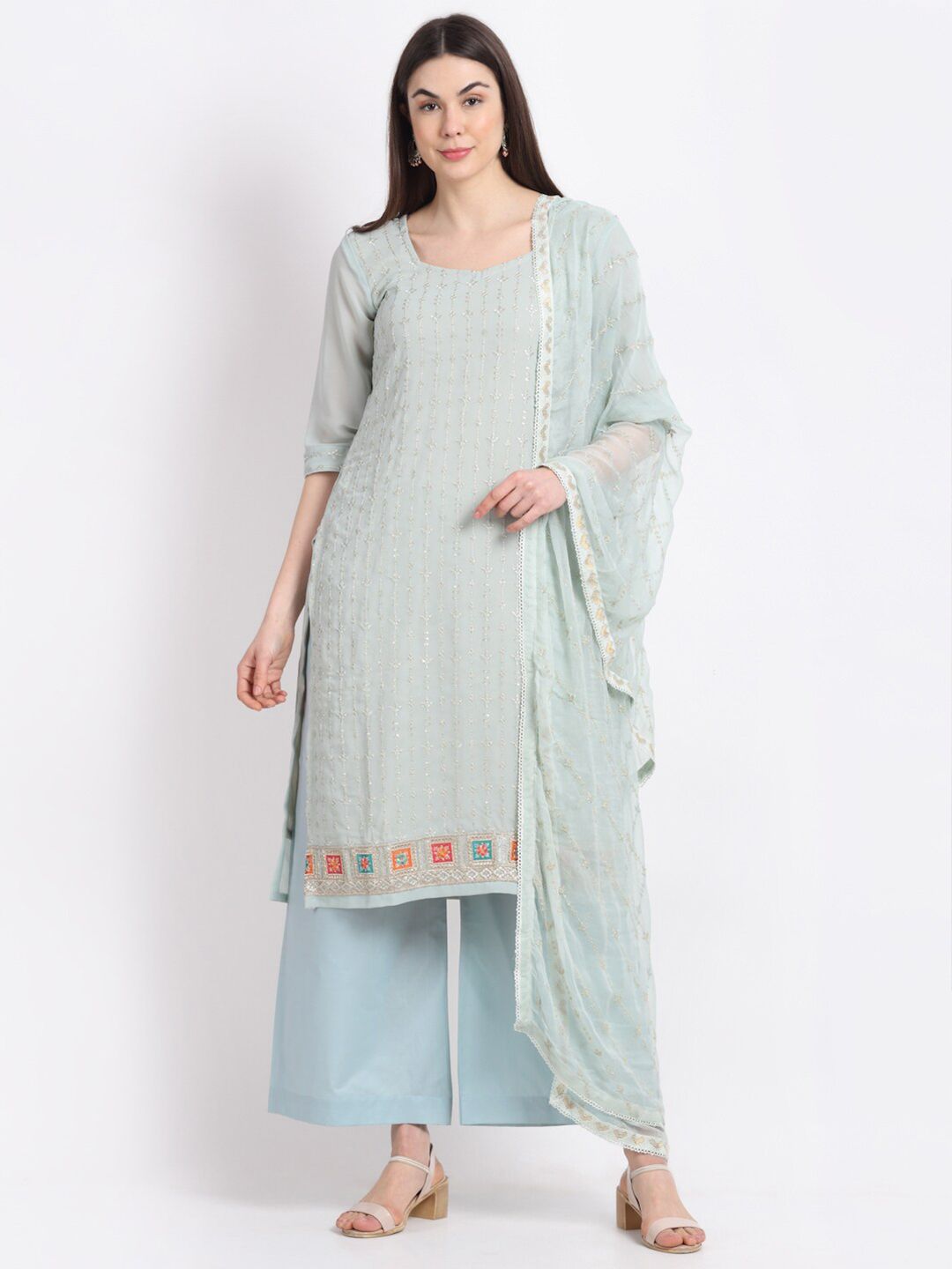 Stylee LIFESTYLE Women Sage Green & Blue Embroidered Unstitched Dress Material Price in India