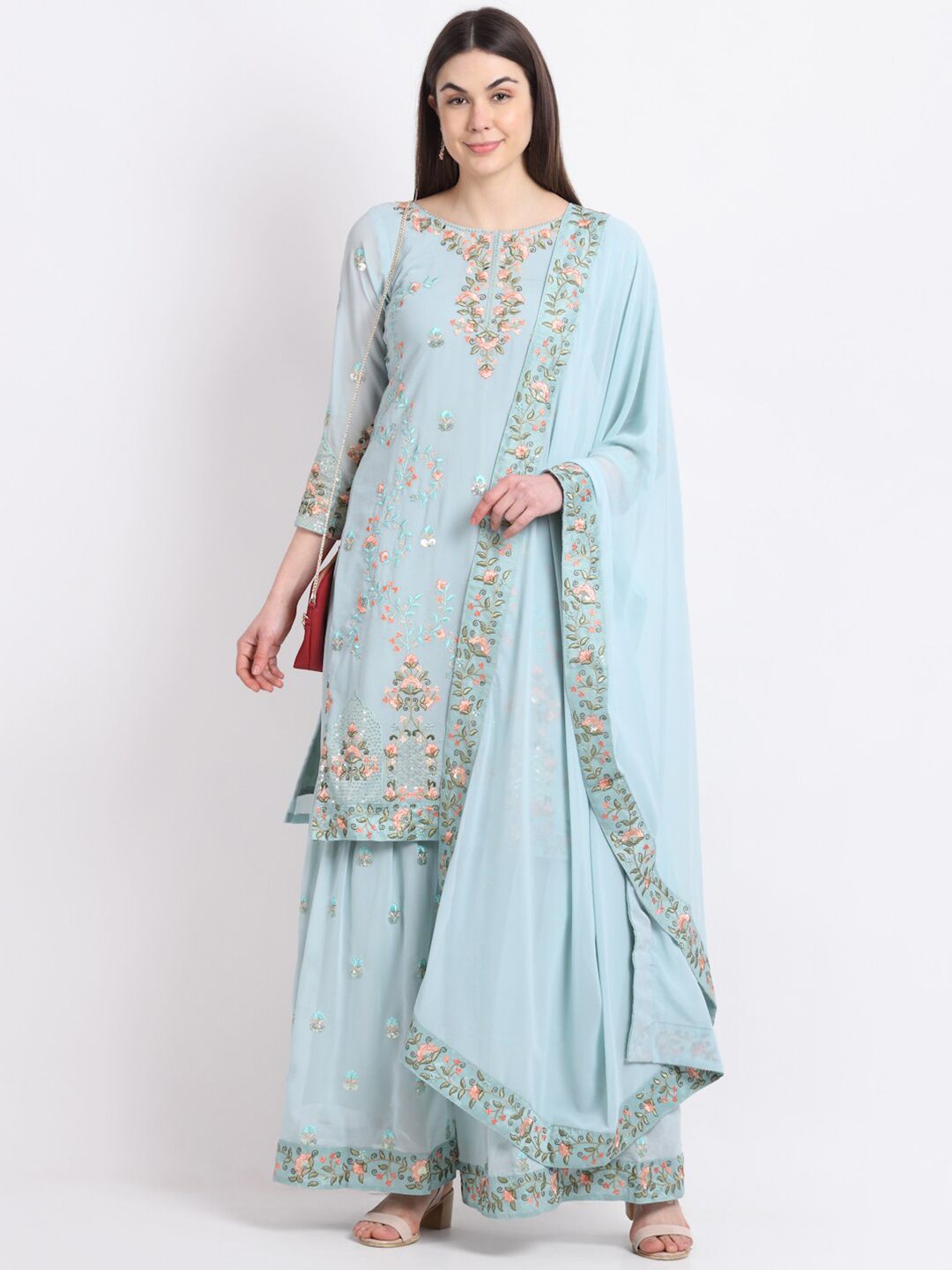 Stylee LIFESTYLE Turquoise Blue & Green Embroidered Unstitched Dress Material Price in India