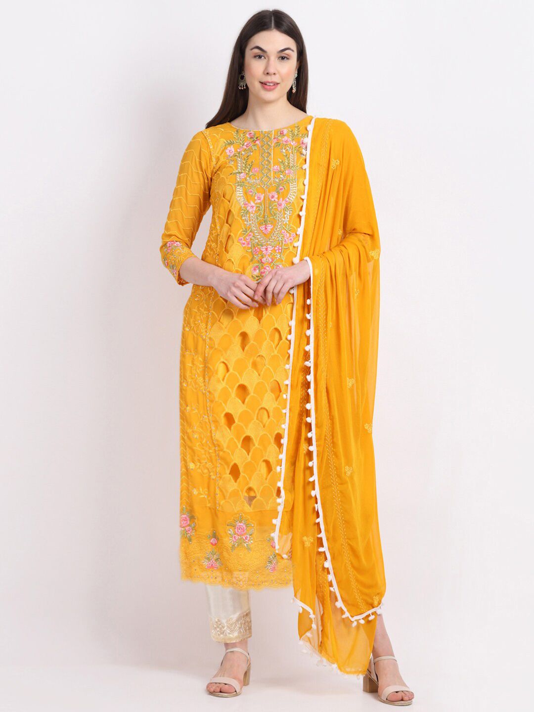 Stylee LIFESTYLE Yellow & Pink Embroidered Unstitched Dress Material Price in India