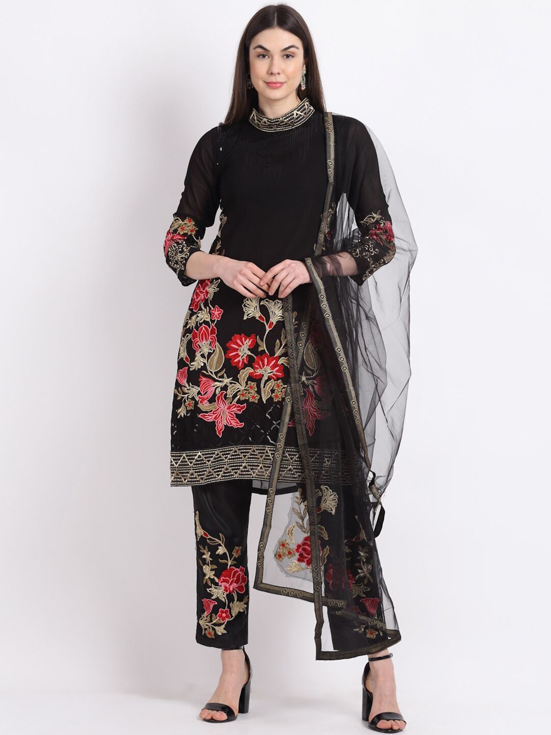 Stylee LIFESTYLE Black & Red Embroidered Unstitched Dress Material Price in India