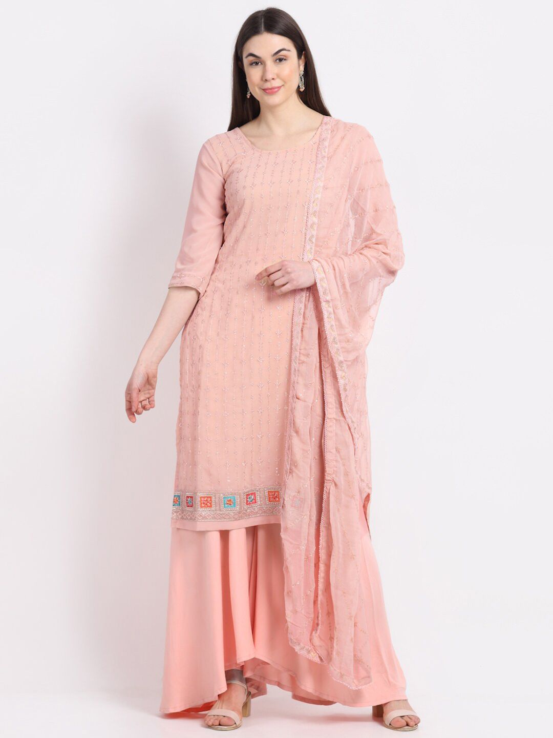 Stylee LIFESTYLE Peach-Coloured Embroidered Unstitched Dress Material Price in India