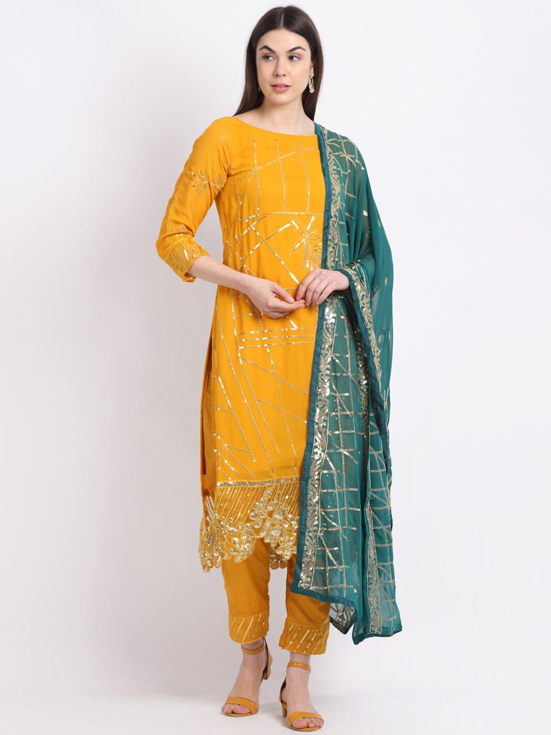 Stylee LIFESTYLE Yellow & Teal Green Embellished Unstitched Dress Material Price in India