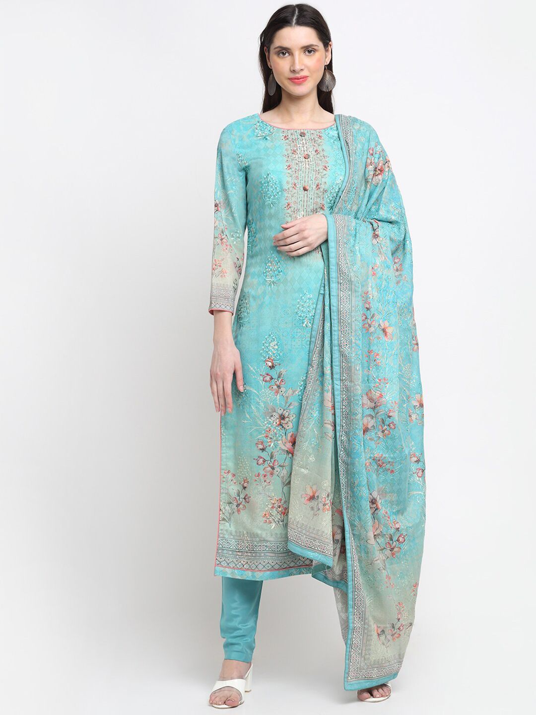 Stylee LIFESTYLE Sea Green & Pink Embroidered Unstitched Dress Material Price in India