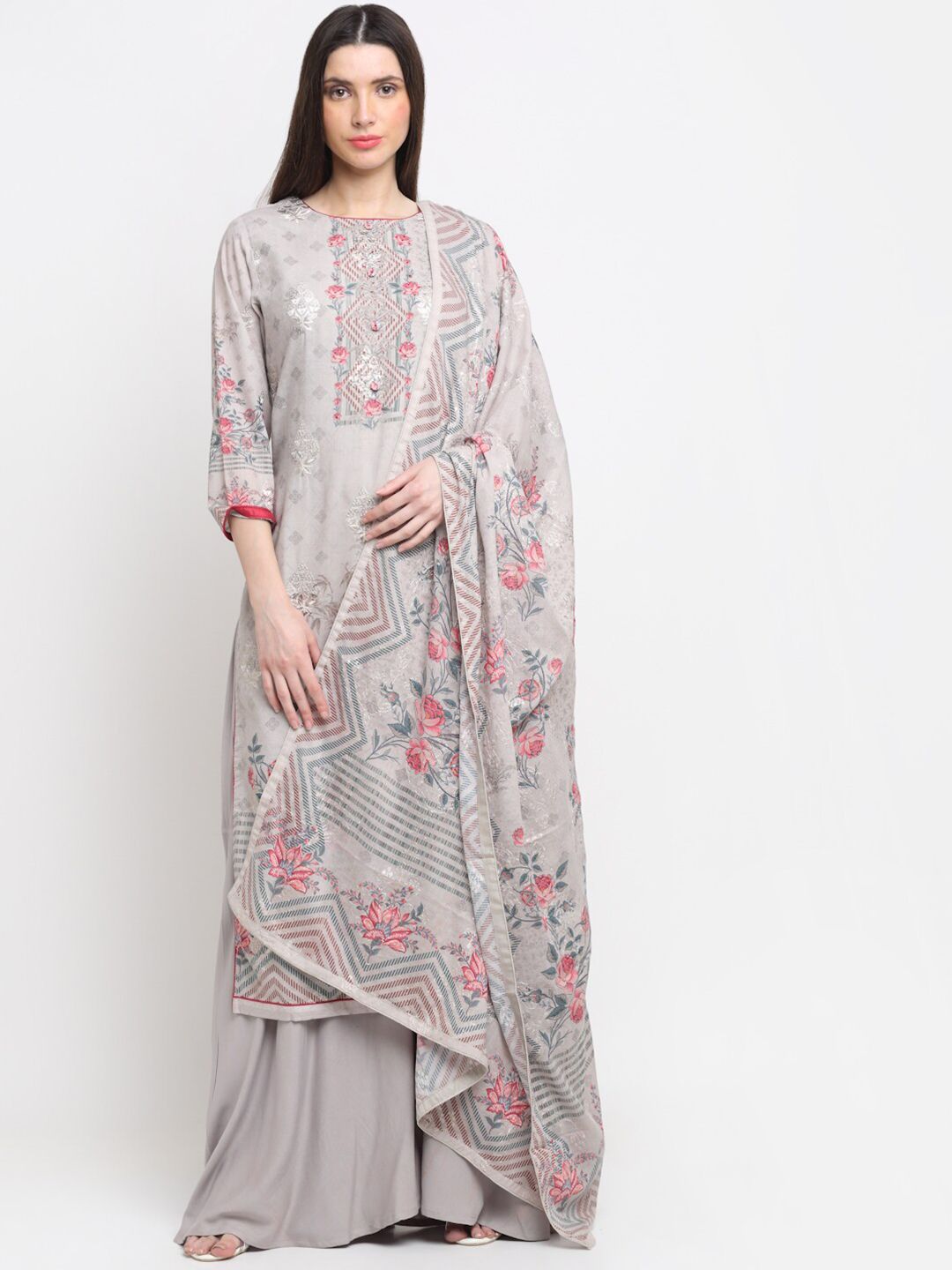 Stylee LIFESTYLE Grey & Pink Printed Unstitched Beads & Stones Dress Material Price in India