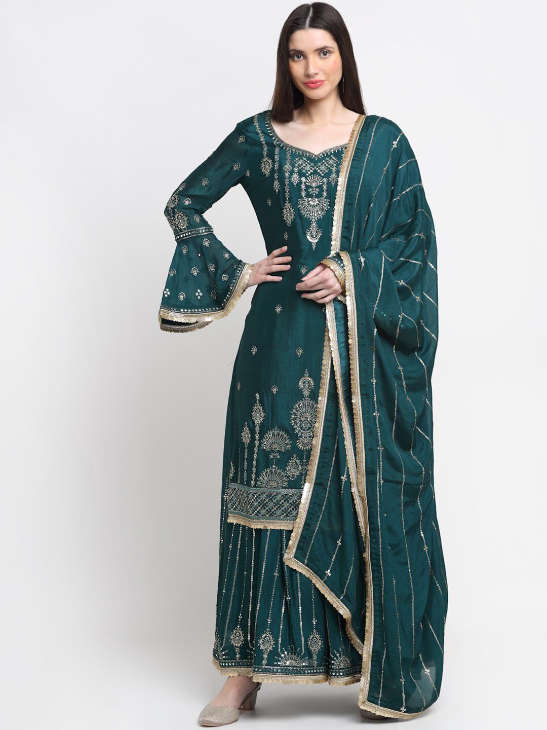 Stylee LIFESTYLE Green & Silver-Toned Embellished Unstitched Dress Material Price in India