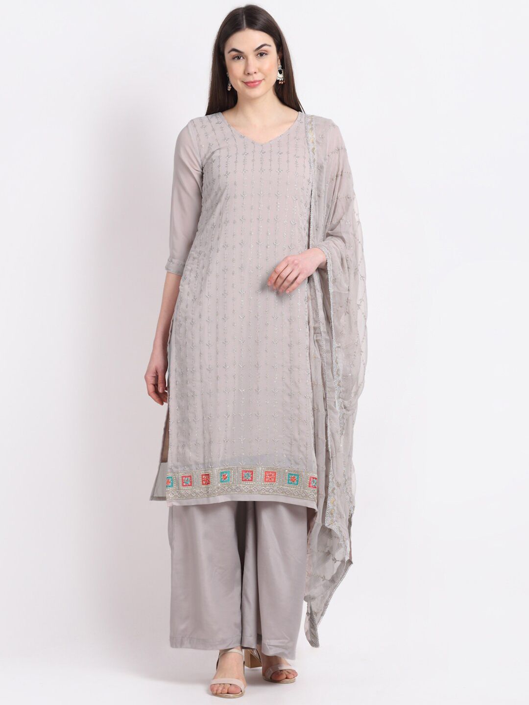 Stylee LIFESTYLE Grey & Silver-Toned Embroidered Unstitched Dress Material Price in India