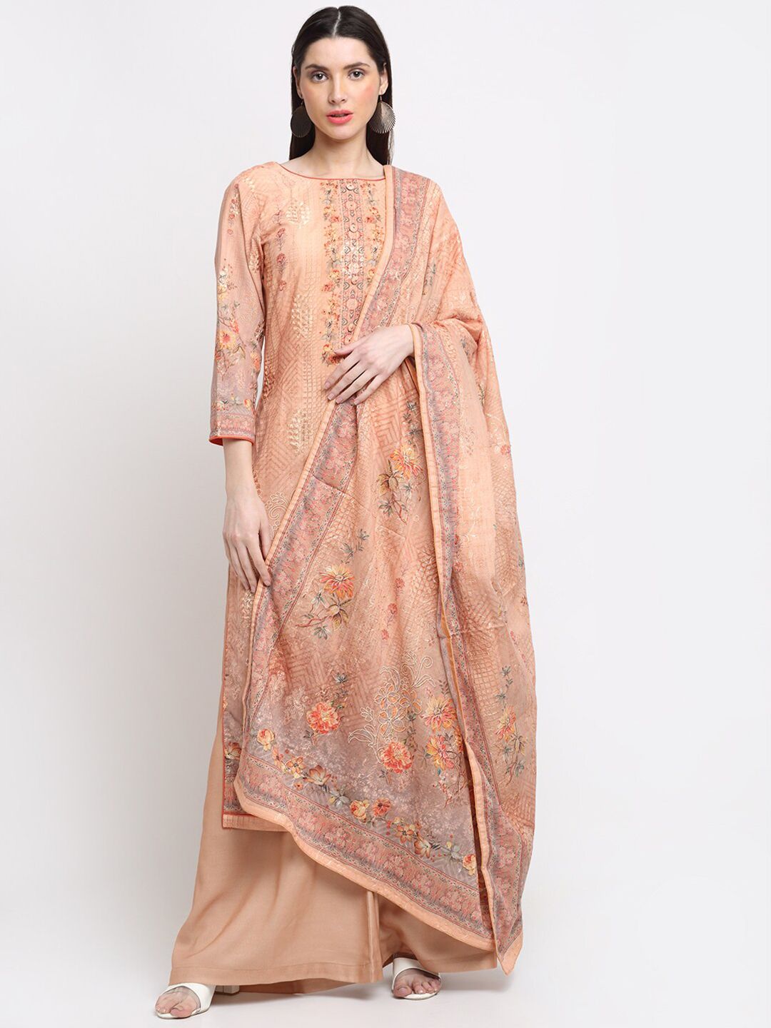 Stylee LIFESTYLE Women Peach & Gold-Toned Embroidered Unstitched Dress Material Price in India