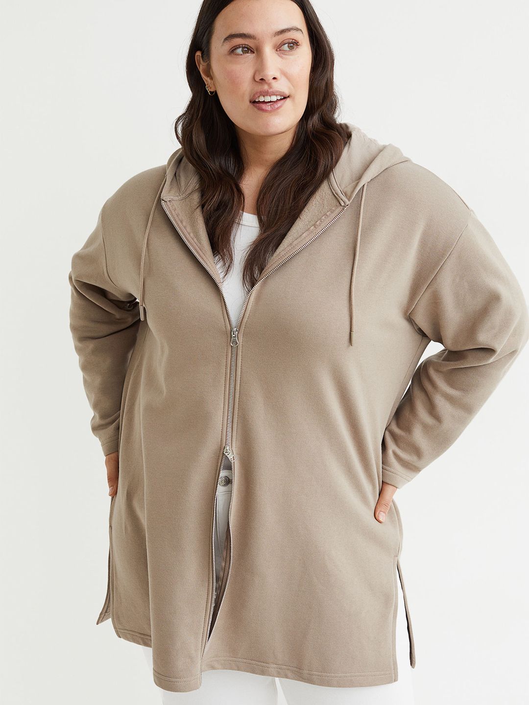 H&M+ Women Beige Long Zip-Through Hoodie Price in India