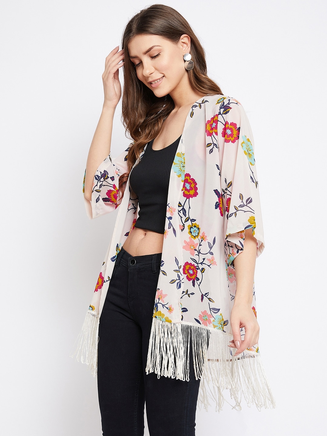 PURYS Women Pink & Multicoloured Printed Front Open Tasselled Longline Shrug Price in India