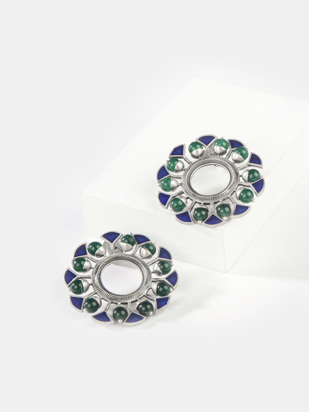 SHAYA Silver-Toned & Blue Contemporary Studs Earrings Price in India