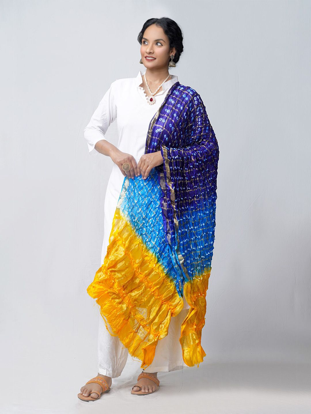 Unnati Silks Women Yellow & Blue Bandhani Tie & Dye Pure Silk Dupatta