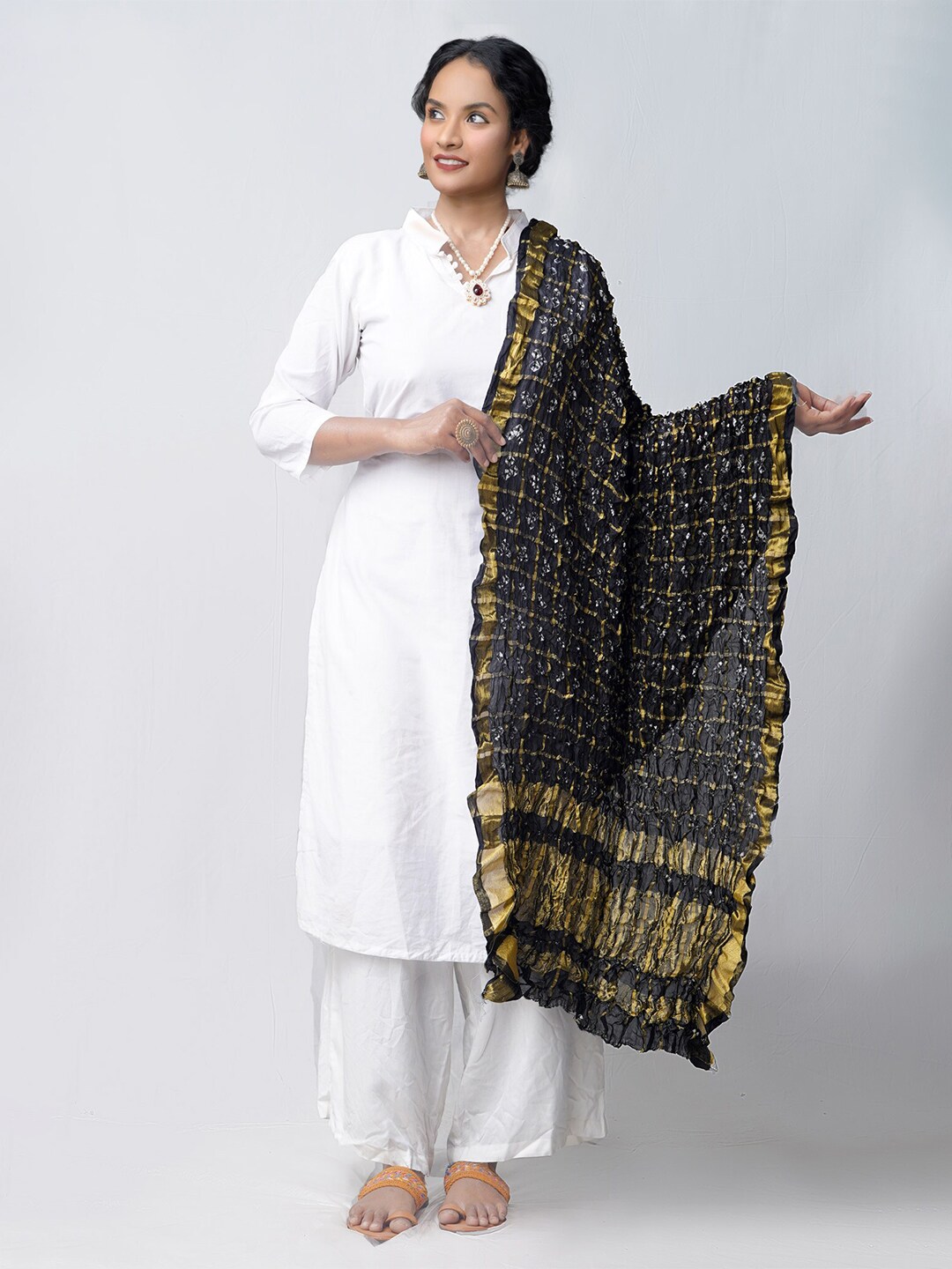 Unnati Silks Black & Gold-Toned Printed Pure Silk Bandhani Dupatta with Zari Price in India