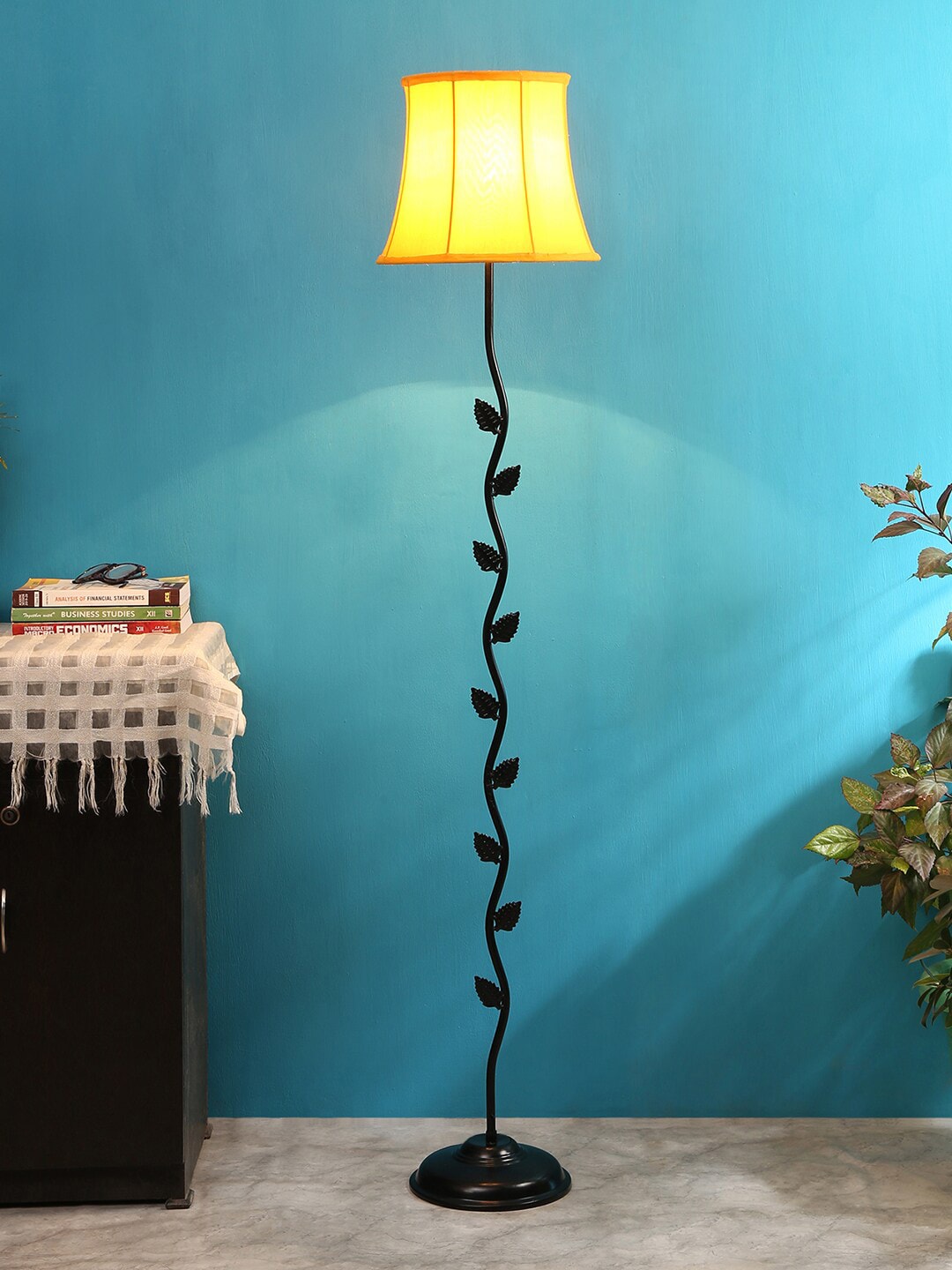 Devansh Yellow Cotton Shade & Designer Leaf Iron Floor Lamp Price in India