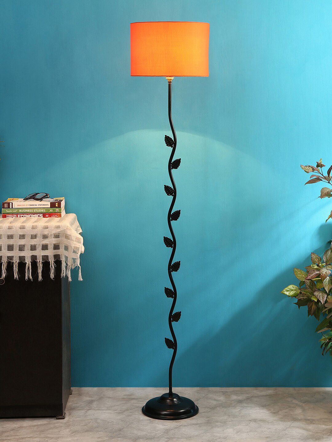 Devansh Orange Leaf Iron Floor Lamp with Cotton Shade Price in India