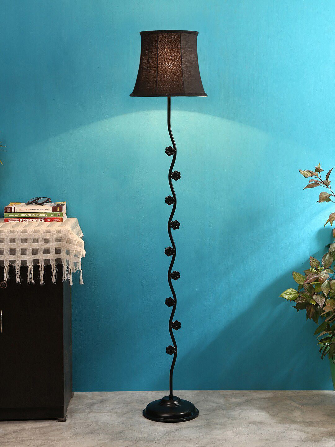 Devansh Black Solid Frustum Cotton Shade Leaf Iron Floor Lamp Price in India