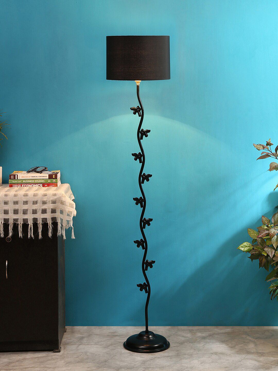 Devansh Black Hard Back Cotton Designer Fish Iron Floor Standing Lamp Price in India