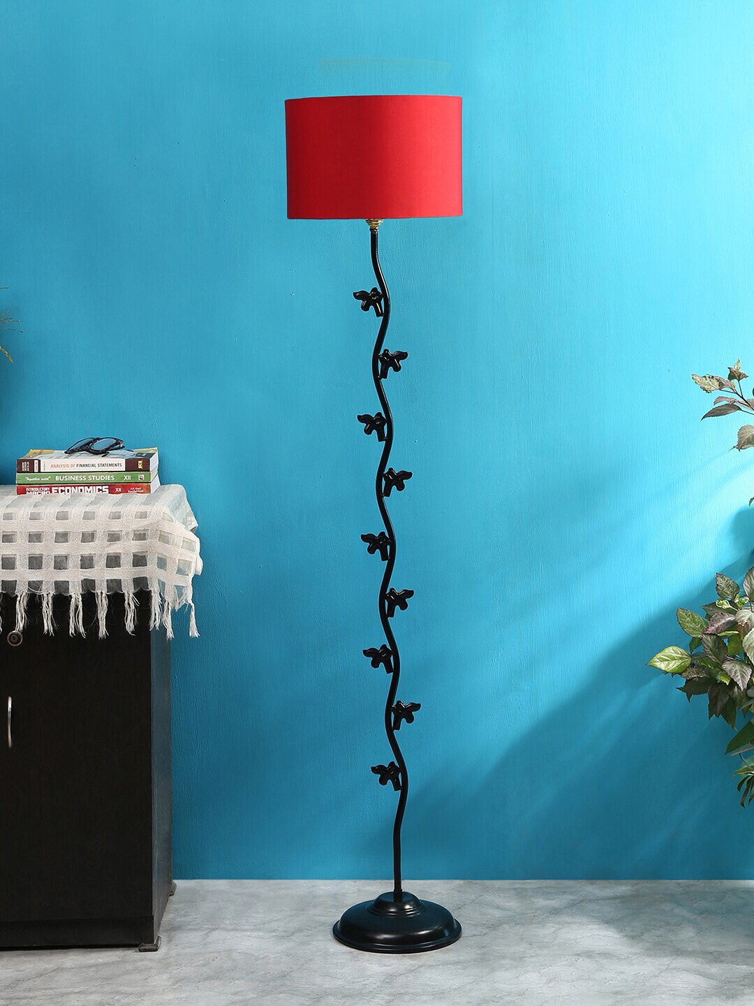 Devansh Red Leaf Iron Floor Lamp with Cotton Shade Price in India