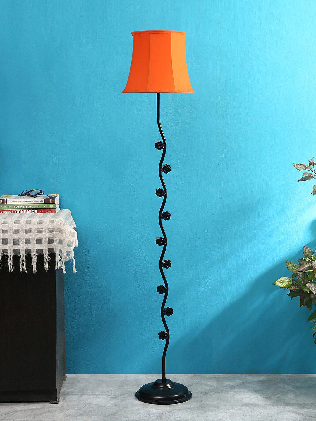 Devansh Orange Solid Frustum Cotton Shade Leaf Iron Floor Lamp Price in India