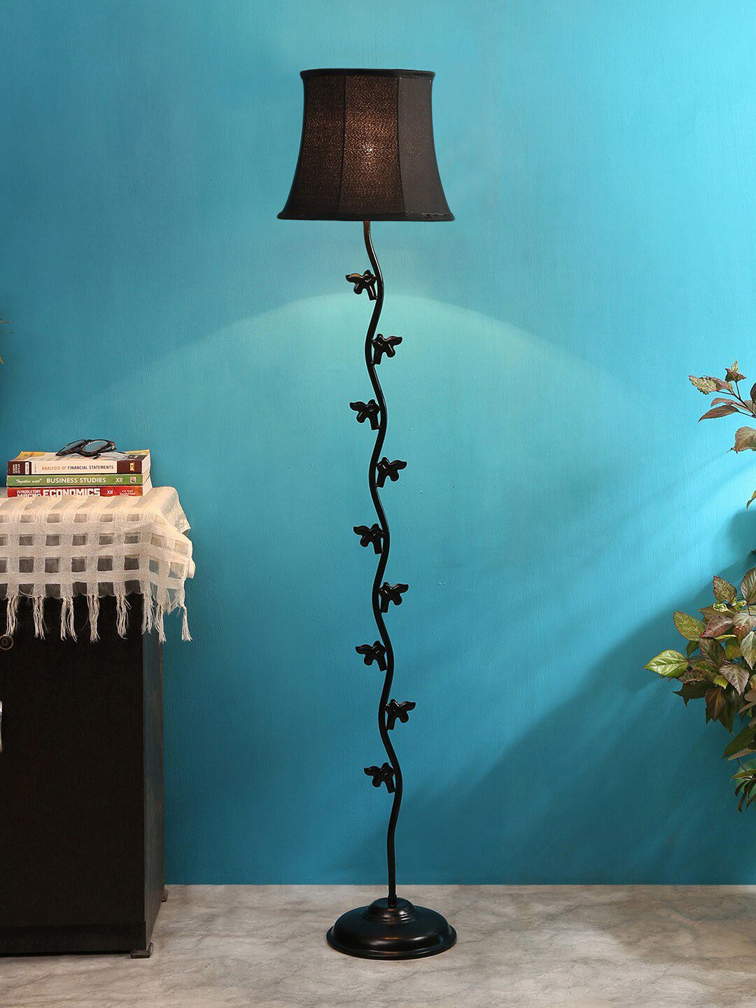 Devansh Black Leaf Iron Floor Lamp with Cotton Shade Price in India