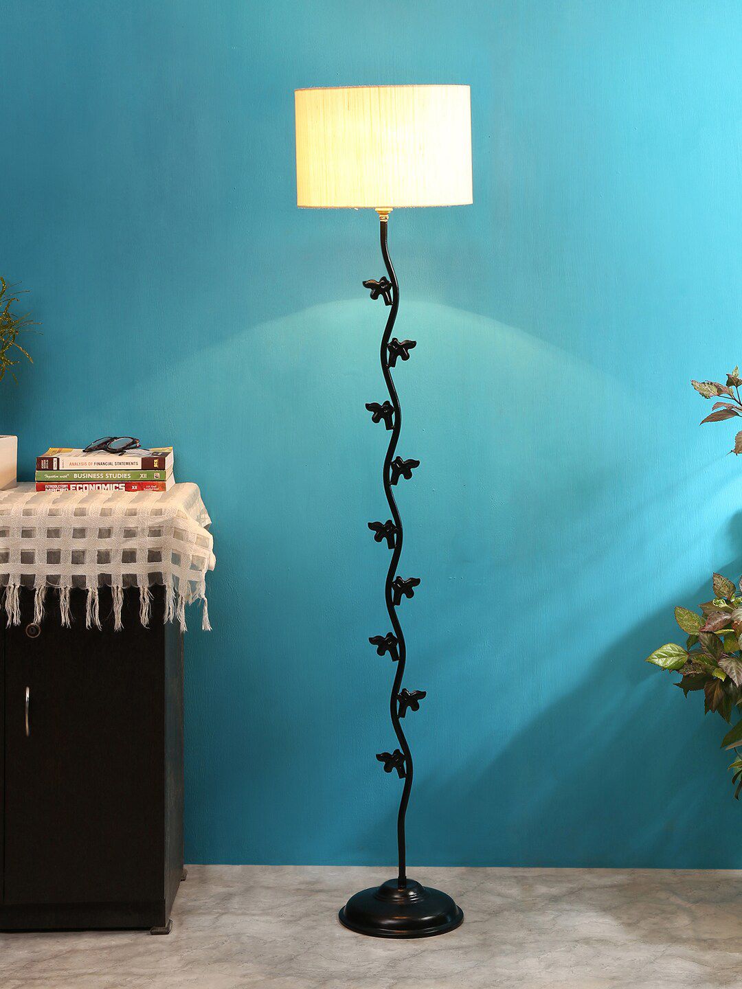 Devansh Off -White & Black Designer Fish Iron Floor Lamp With Shade Price in India