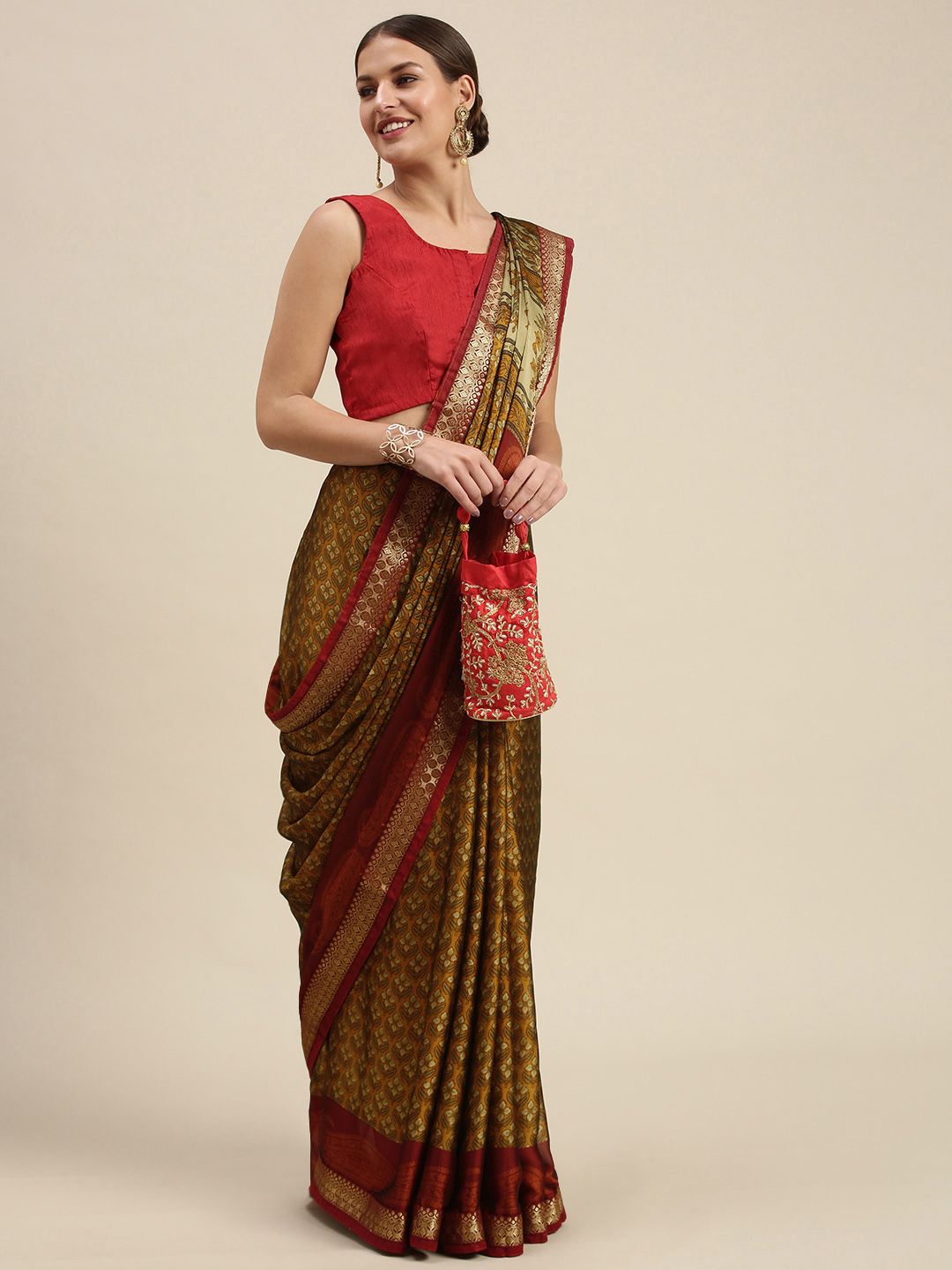 SANGAM PRINTS Orange & Olive Green Ethnic Motifs Crepe Saree