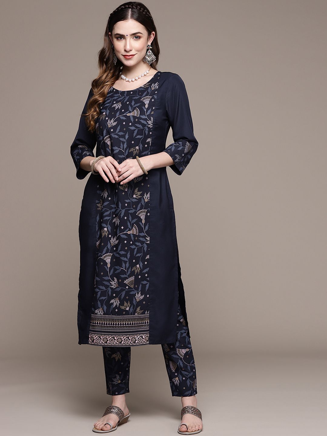 ZIYAA Women Navy Blue Floral Printed Kurta with Trousers Price in India