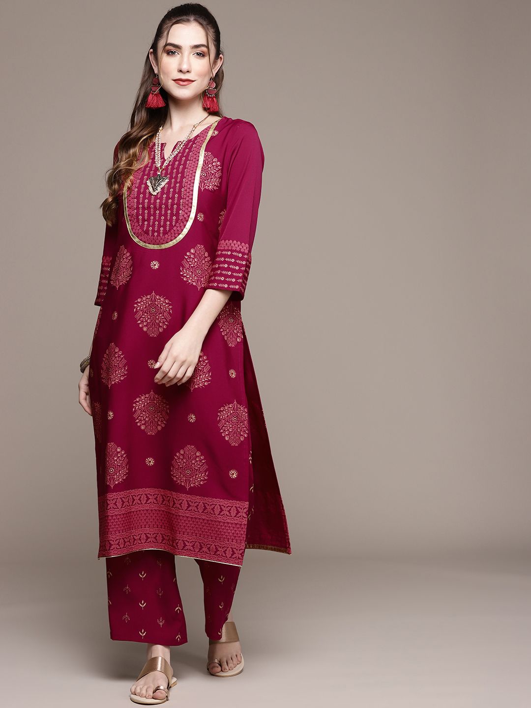 ZIYAA Women Magenta & Beige Ethnic Motifs Printed Kurta with Palazzos Price in India