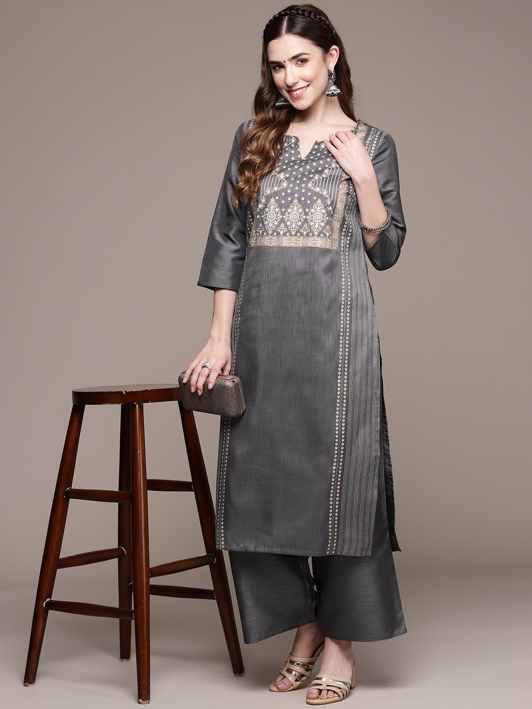 ZIYAA Women Grey & Beige Ethnic Motifs Yoke Design Kurta with Palazzos Price in India