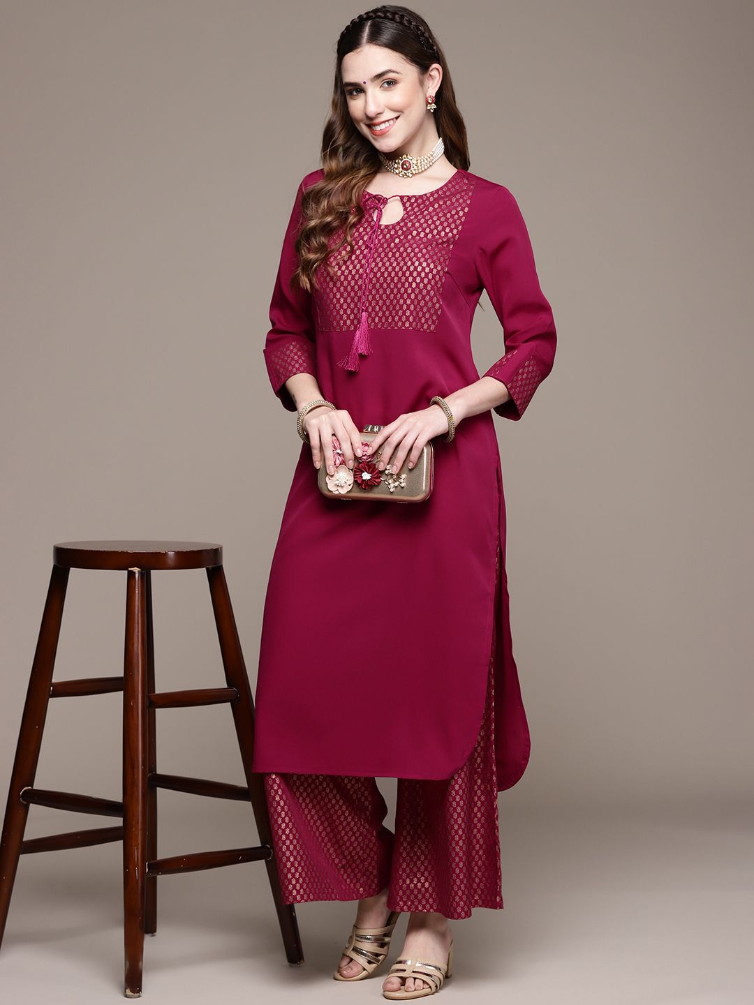 ZIYAA Women Magenta Ethnic Motifs Yoke Design Kurta with Palazzos Price in India