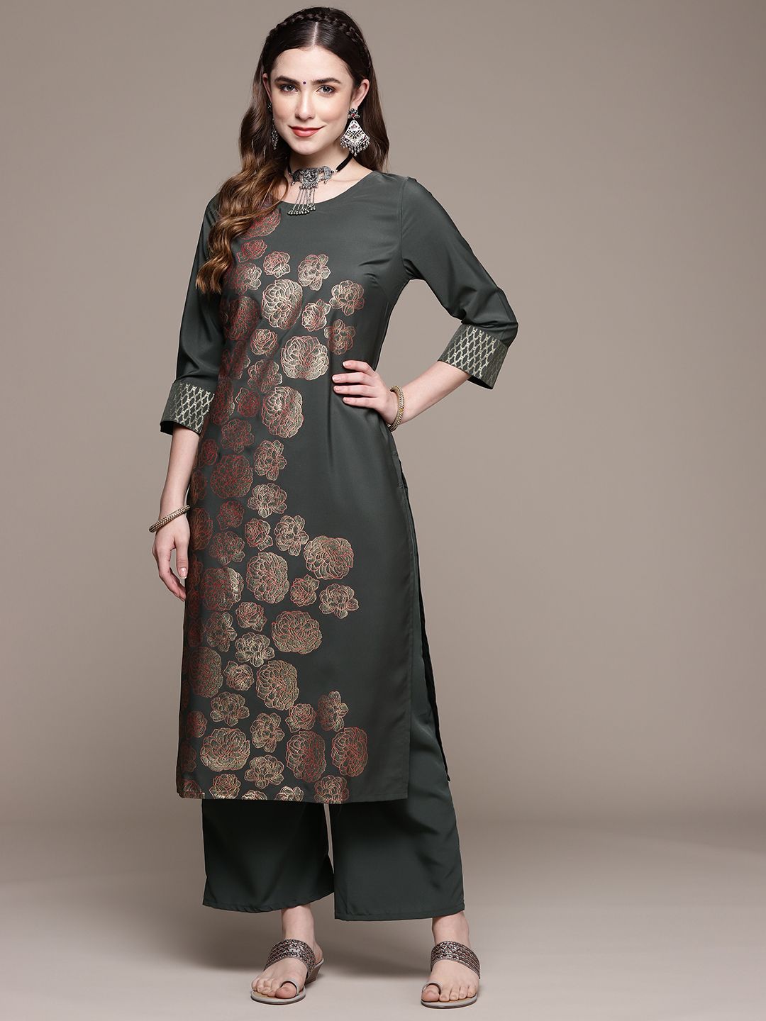 ZIYAA Women Charcoal Grey & Golden Floral Printed Kurta with Palazzos Price in India