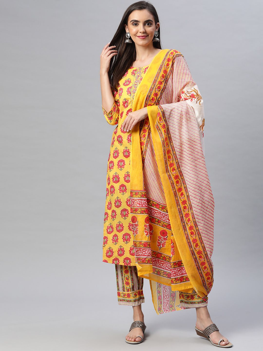 Yuris Women Yellow Floral Printed Pure Cotton Kurta with Trousers & With Dupatta Price in India