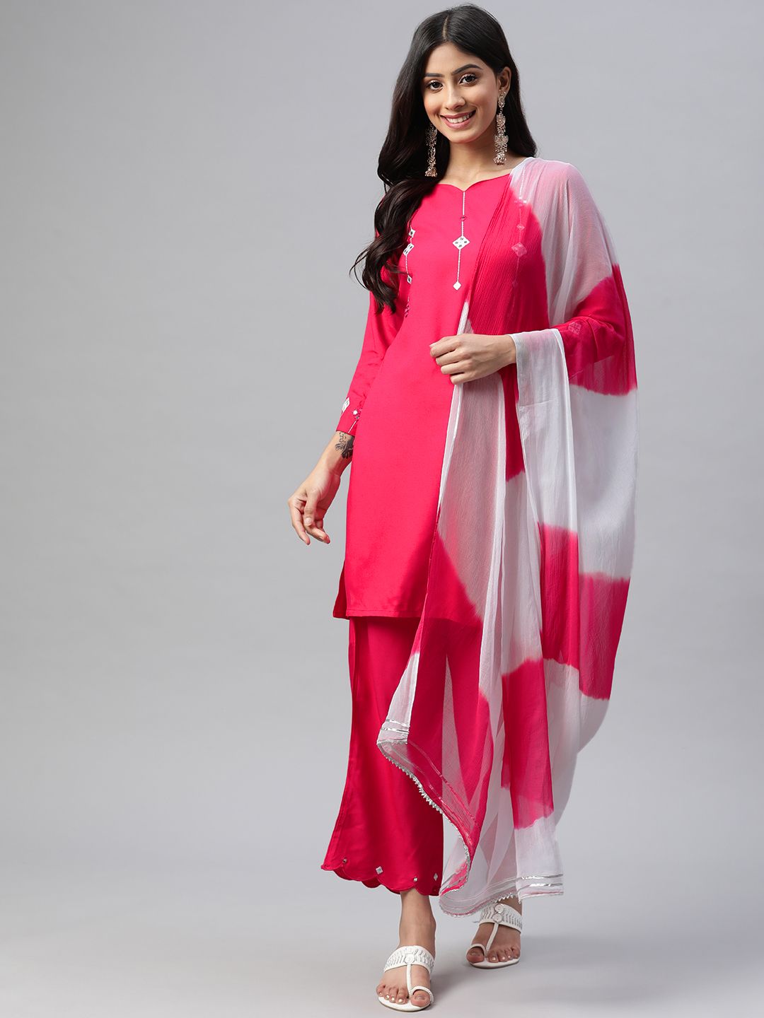 Yuris Women Pink & White Embroidered Mirror Work Kurta with Palazzos & Dupatta Price in India