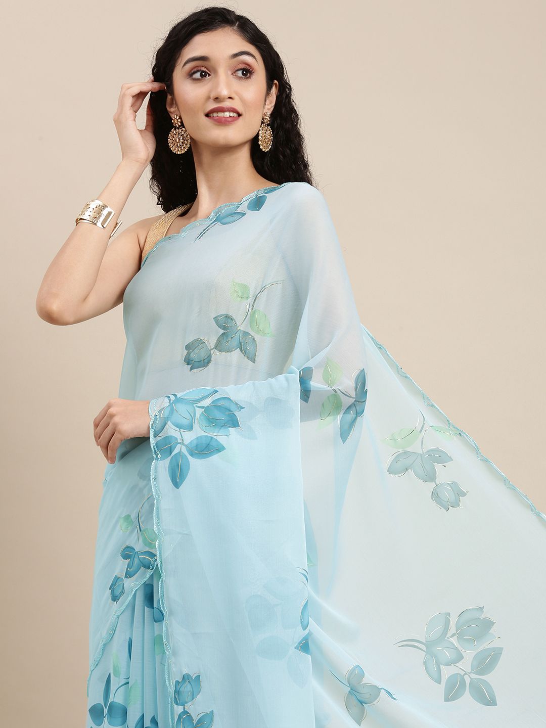 VASTRANAND Blue Floral Pure Chiffon Saree Price in India