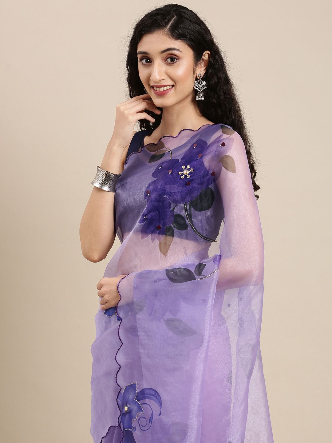 VASTRANAND Lavender Floral Beads and Stones Organza Saree