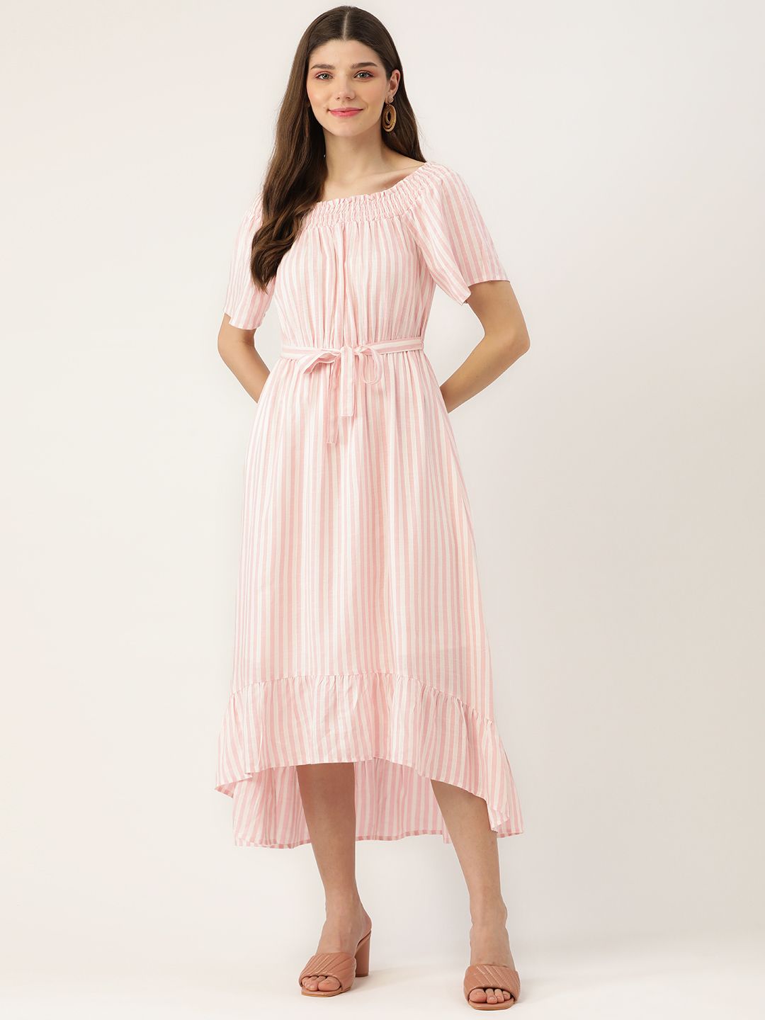 Checked Square Neck Puff Sleeves Maternity Fit & Flare Midi Dress