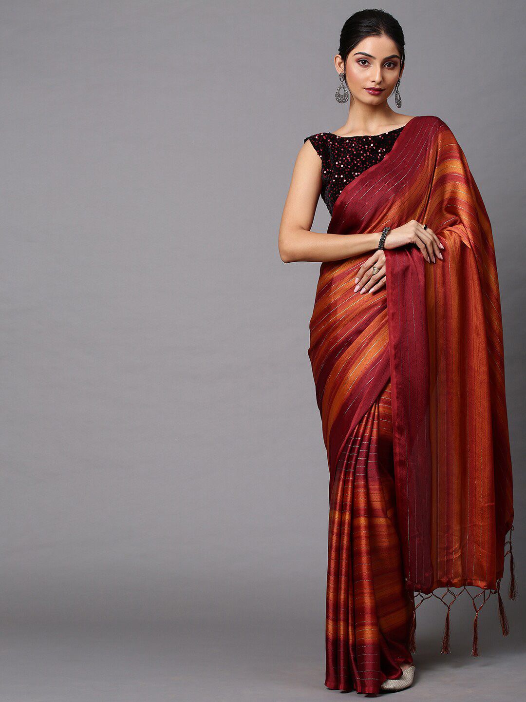 Mitera Rust & Brown Striped Woven Design Leheriya Saree Price in India