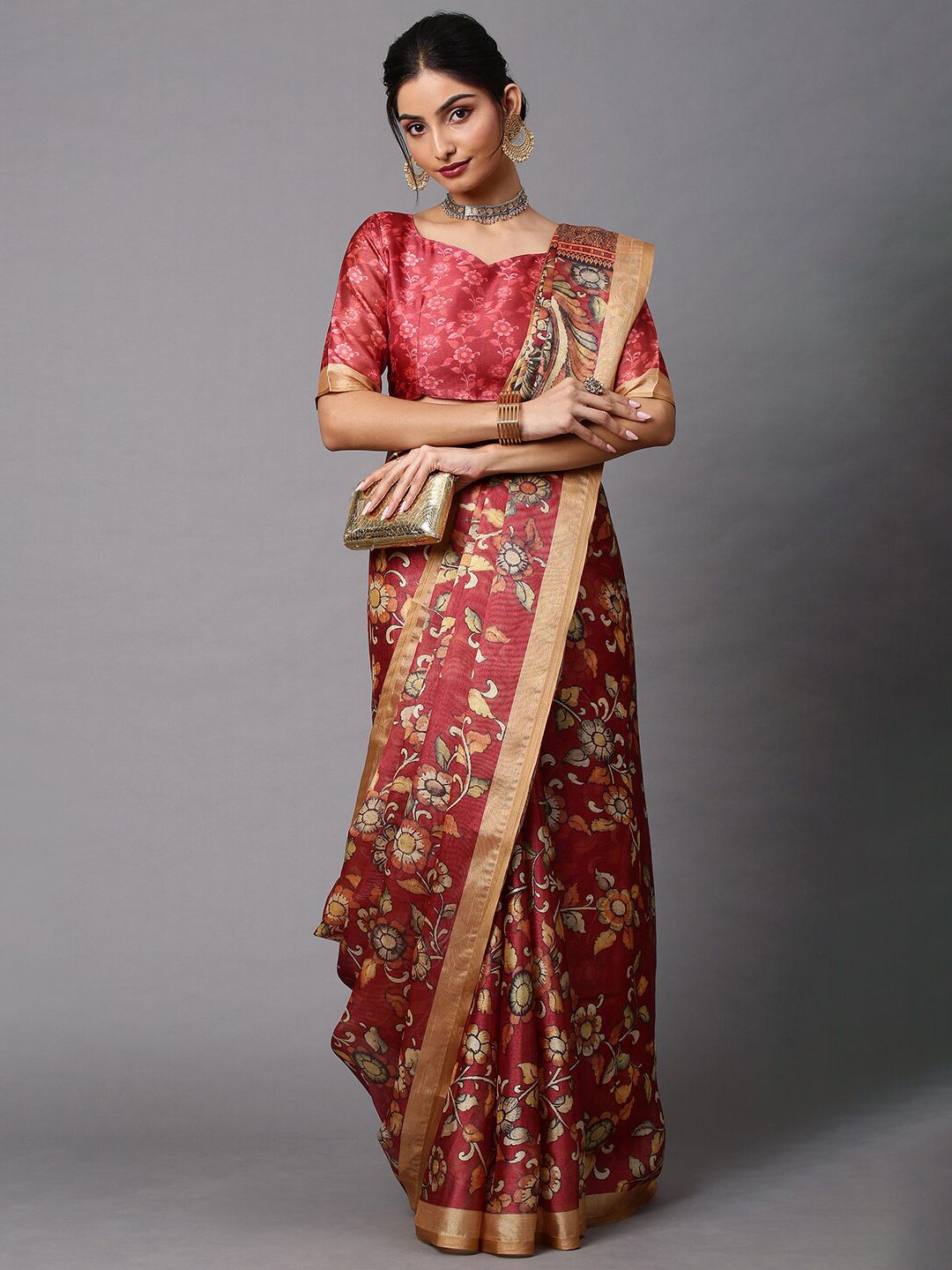 Mitera Maroon & Beige Floral Pochampally Saree Price in India