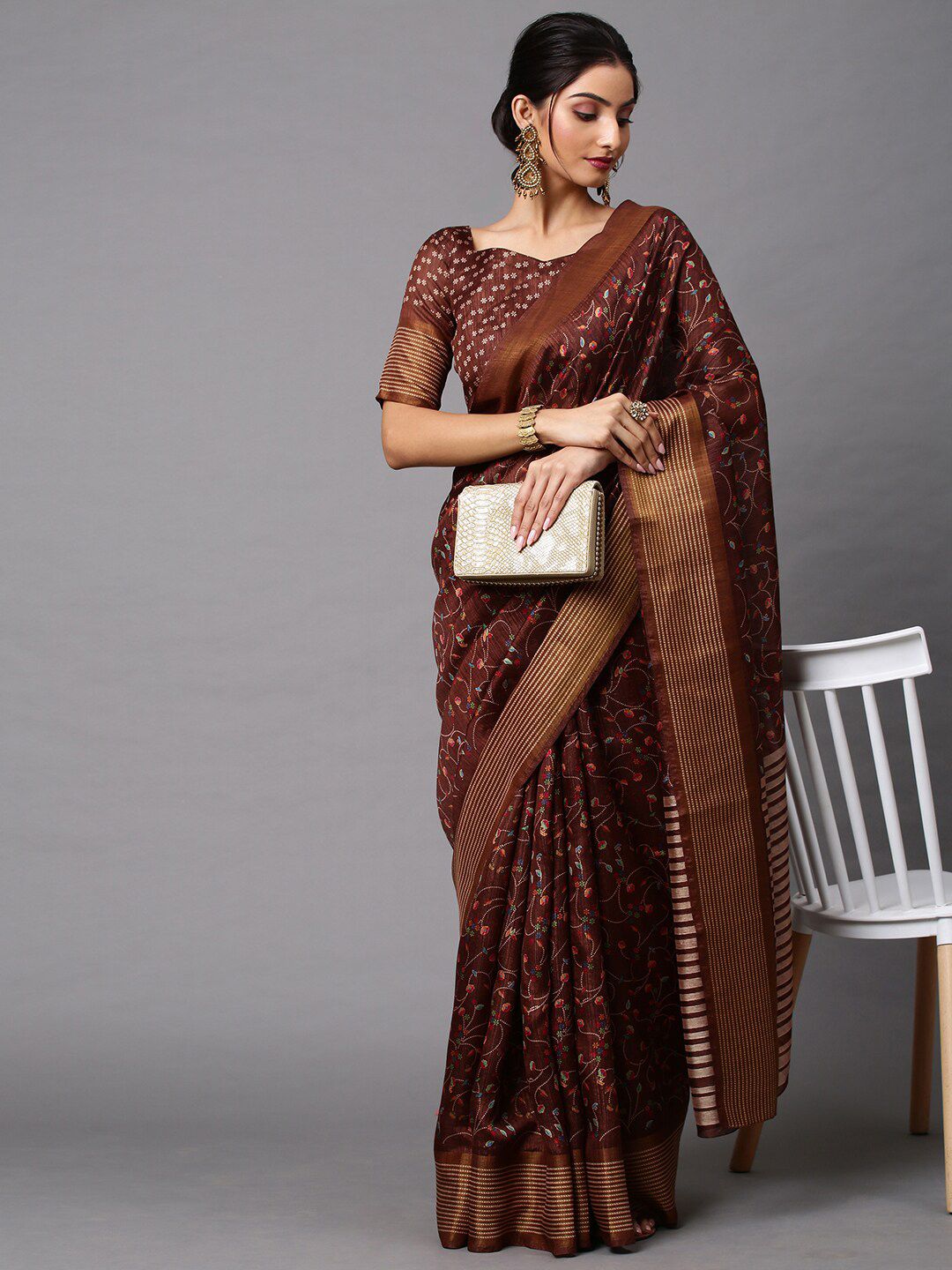 Mitera Women Brown Printed Linen Blend Saree Price in India