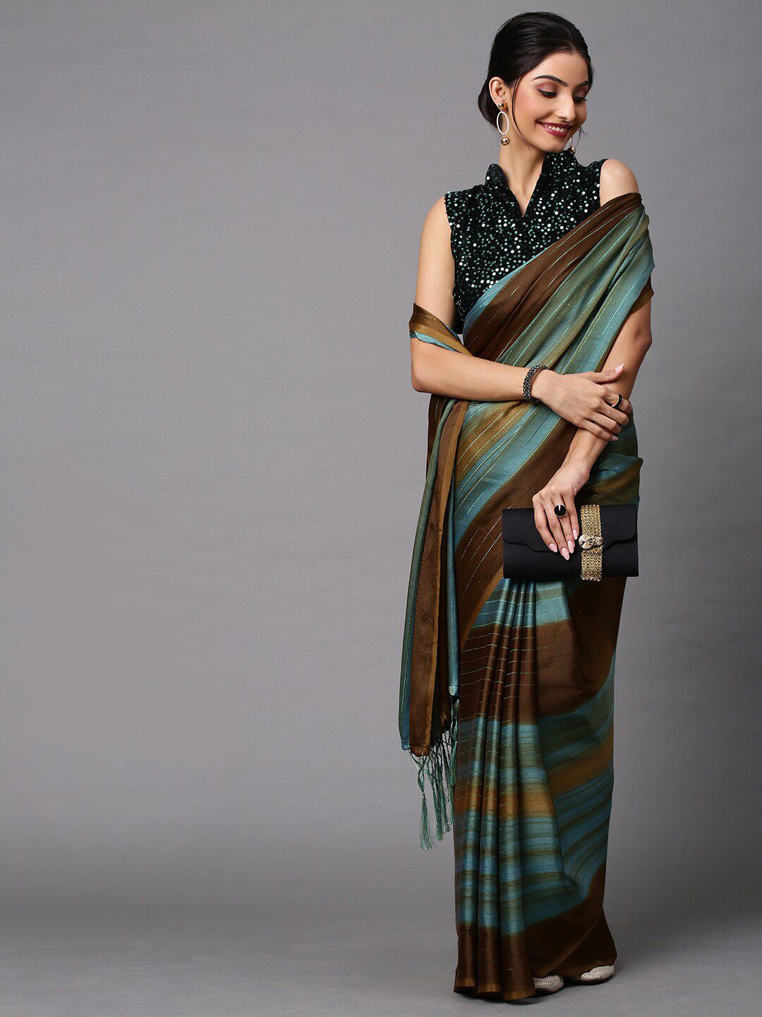 Mitera Teal & Brown Striped Saree Price in India