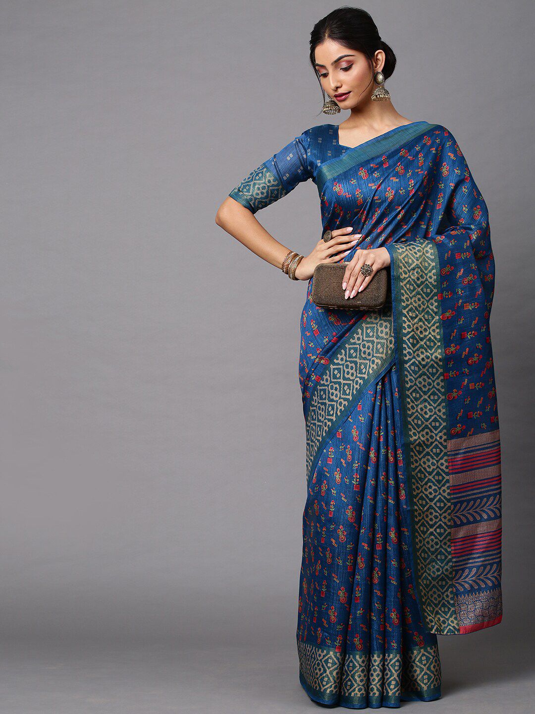 Mitera Women Blue Printed Linen Blend Saree Price in India